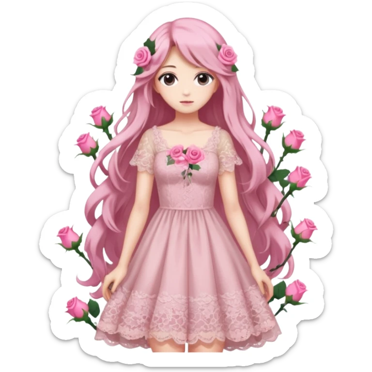 pastel anime woman with pink roses lace dress full body sticker