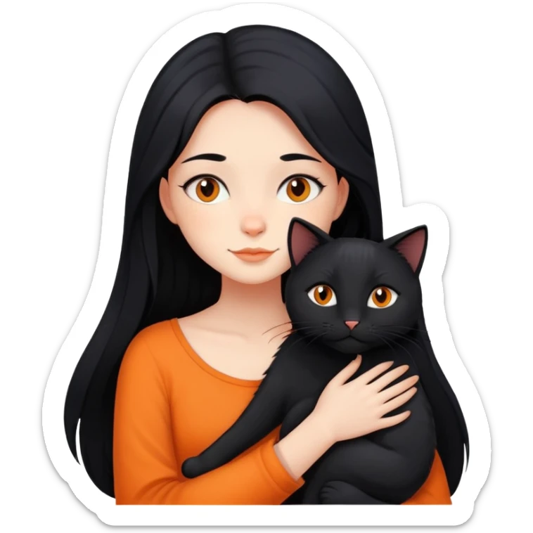 A girl with long black hair hugs a black cat, an orange cat, and a black cat sticker
