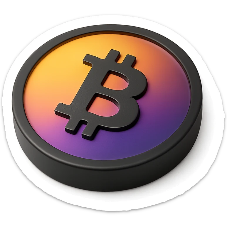 3D black style Bitcoin coin with a gradient from yellow to orange to purple to violet, shiny finish sticker