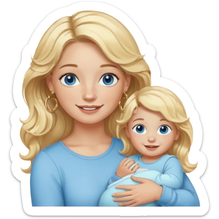 Wavy blonde, white woman with blue eyes, freckles hoop earrings, holding babies smiling and really cute in gold hoops sticker