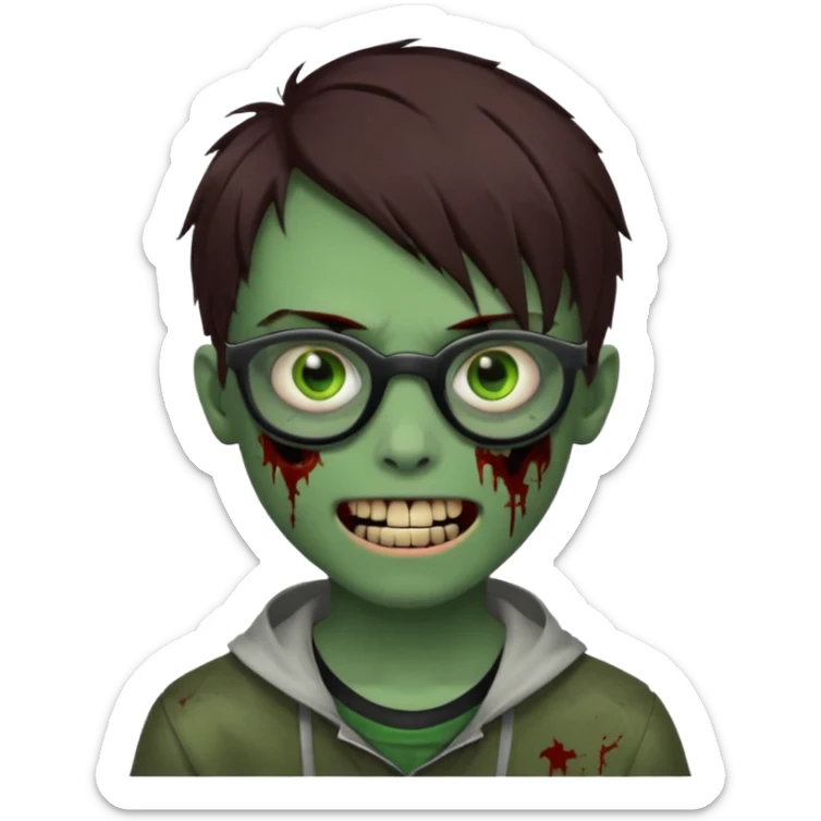 Zombie emo boy, green skin and brown hair and eyes, black glasses and a scary cut open smile, scars and blood under eyes sticker