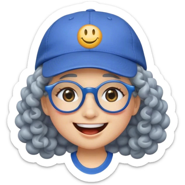 female yellow smiley face emoji, big smile, winking, wearing a blue ballcap backwards, grey curly hair, glasses, no eye color, face only, less detail, no ornament on hat sticker