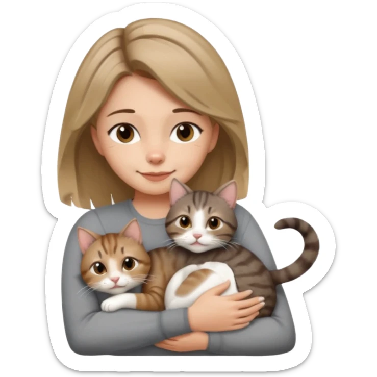 Une femme avec les cheveux dégradée, brun et blond, qui fait un câlin à son chat gris, tigré avec les extrémités que pattes pointe d’oreilles noires et le dessous du menton blanc la fille n’a pas d’oreilles, il n’y a qu’un seul chat sticker