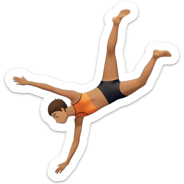 A person mid-air after jumping off a diving board, body slightly tense but moving forward. Below them, a pool labeled "Confidence", with ripples forming. A subtle 5-4-3-2-1 on the diving board shows they took the leap despite fear. sticker