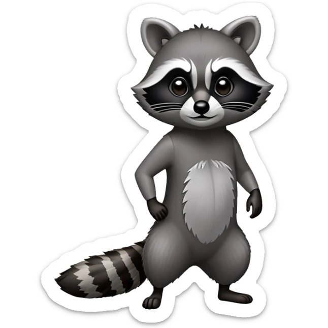Cinematic-Raccoon-Realistic-Full-Body-Standingon all fours-Emoji – Tail flicking lazily, head tilted dramatically, thick grey fur with a signature black mask, sharp and alert ears, simplified yet realistic focused features, highly detailed, glowing with an almost sarcastic glow. sticker