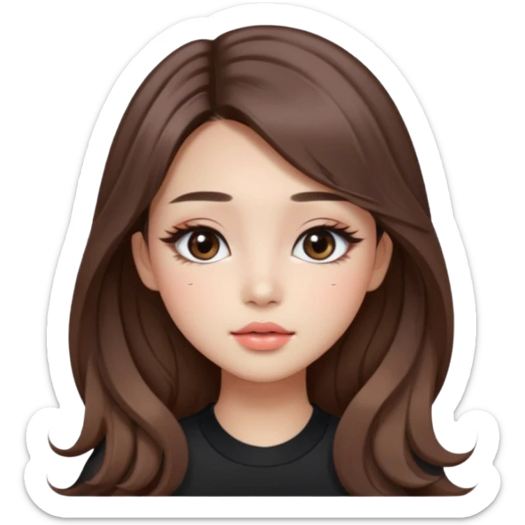 “korean straight brown hair Emoji girl, soft eyeliner and blush, gradient lips, light brown shimmer eyeshadow, long wavy hair,  sticker