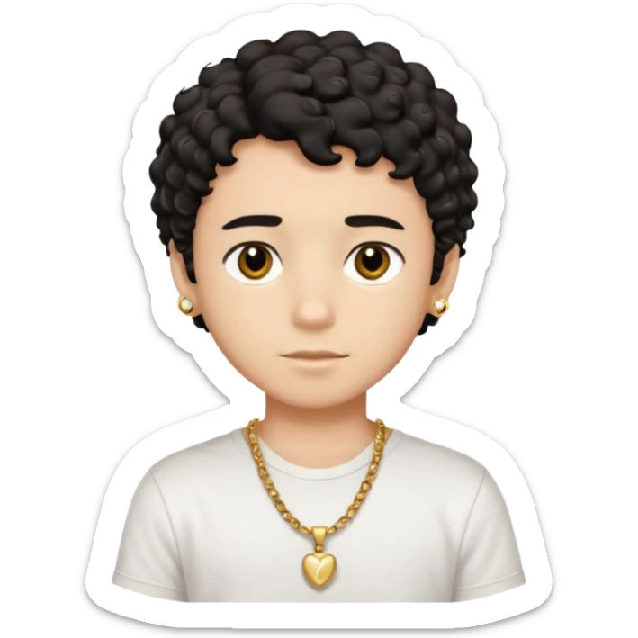a boy with short black curly hair and brown eyes with white t-shirt and gold jewelry  sticker