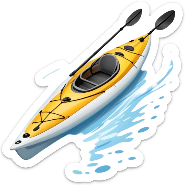 An icon showing a close-up of a sleek kayak with double-bladed paddles gliding through water. Splashes surround the boat as it cuts across a calm surface, symbolizing speed and focus. Transparent background emphasizes the dynamic and personal nature of kayak paddling. sticker