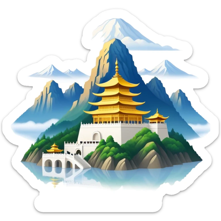Mount Emei misty peaks with golden temple Sichuan, simplified emoji style with bold outlines and bright colors, cartoon style mountain with clouds sticker