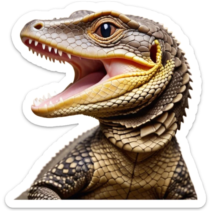 Cinematic Cute Yawning brown camo spotted monitor Lizard Portrait Emoji, Head tilted slightly with a dramatic, wide-open yawn, showcasing textured, patterned scales and sleepy, half-closed eyes exuding relaxed charm, Simplified yet irresistibly adorable features, highly detailed, glowing with a soft, cozy glow, high shine, relaxed yet expressive, stylized with a dash of whimsical wildness, soft glowing outline, capturing the essence of a drowsy yet affectionate reptile that appears ready to stretch out for a nap! sticker