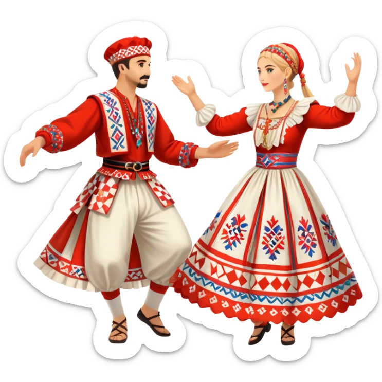 Cinematic Realistic scene of two performers engaging in the Croatian Linđo folk dance, adorned in vibrant traditional costumes with intricate patterns and accessories, captured in graceful, synchronized motion under festive natural lighting. sticker