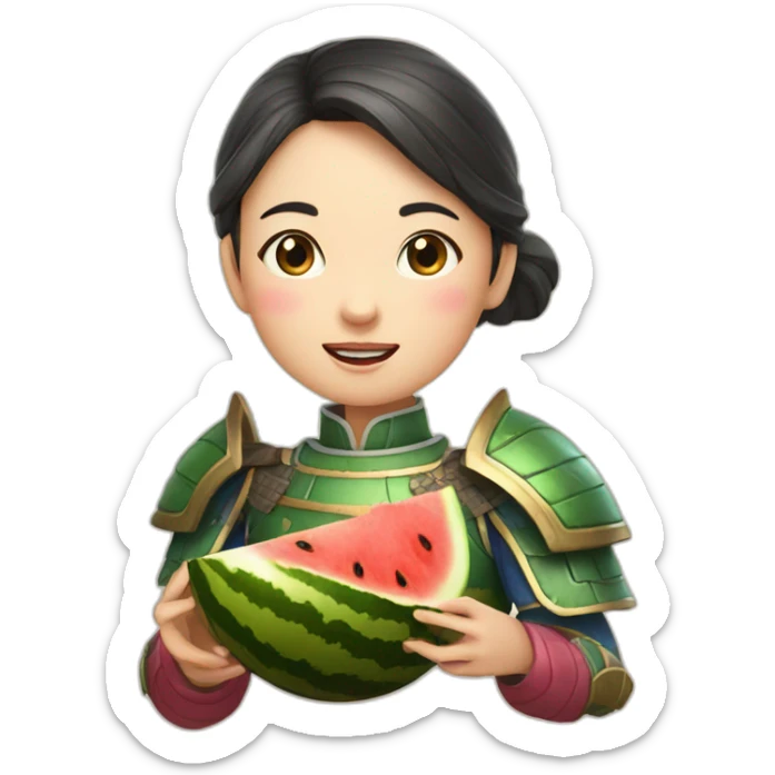 the face of a girl from medieval China in beautiful armor eating a watermelon sticker