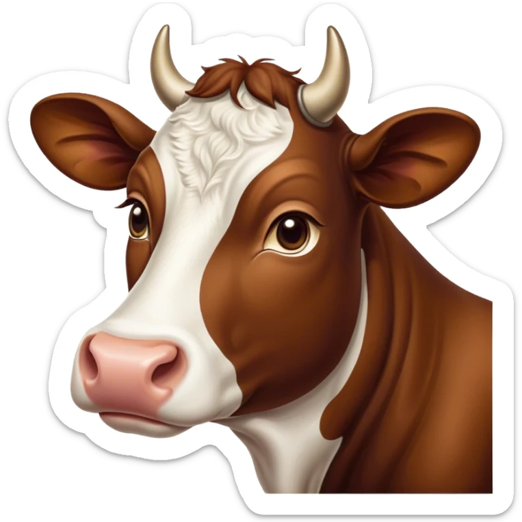 Cinematic Noble Brown and White Cow Portrait Emoji, Poised and regal, with a large, sturdy build and a beautifully patterned hide of rich brown accented by crisp white patches, deep-set soulful brown eyes, Simplified yet sharp and sophisticated features, highly detailed, glowing with a soft, dignified glow, high shine, intelligent and calm, stylized with an air of pastoral majesty, focused and attentive, soft glowing outline, capturing the essence of a watchful and confident bovine guardian, so majestic it feels as though it could amble out of the screen with effortless authority! sticker