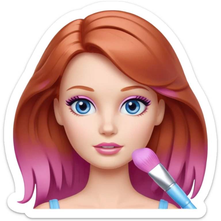 Barbie girl Chestnut-red Shoulder-length hair and blue eyes is In pale purple smears by hand cosmetic cream on her face sticker
