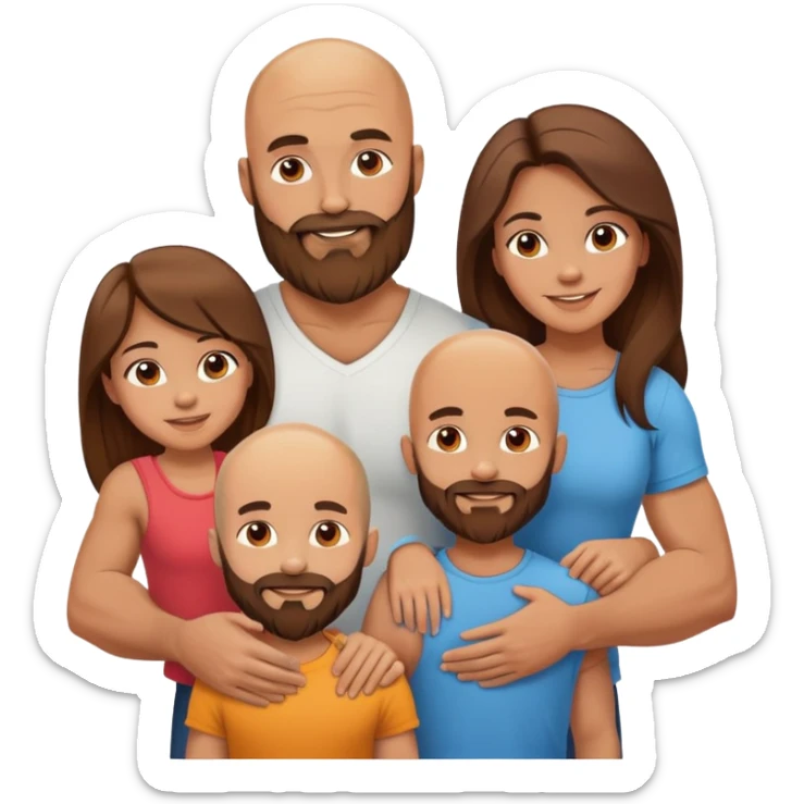 Happy Muscular Bald beard man and his hot wife with long brown hair and 3 sons sticker