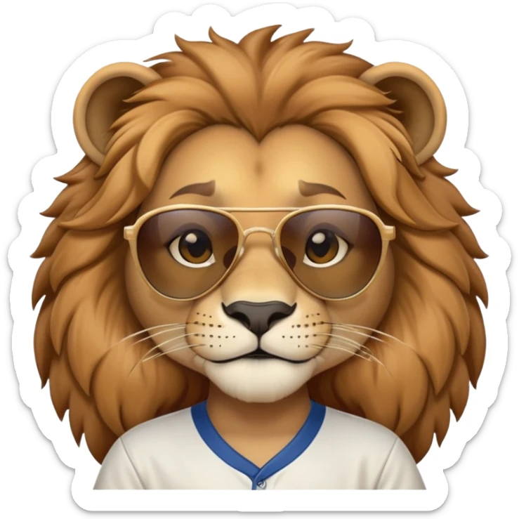 head and shoulders close-crop of a friendly anthropomorphised female lion wearing a baseball shirt and dark sunglasses sticker
