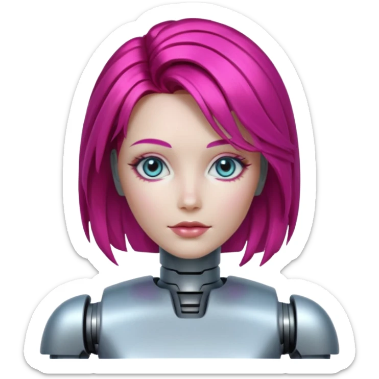female vibrant hair color metalic robot face not human face sticker