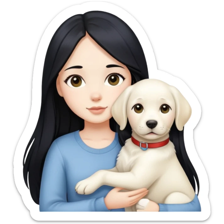 A beautiful girl with long black hair and fair skin is holding a white Labrador sticker