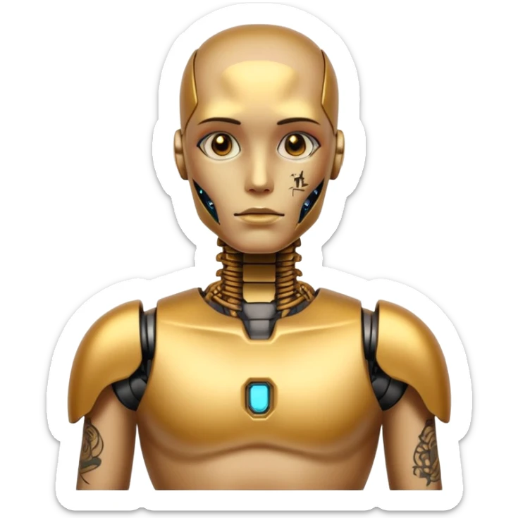 gold Tatooed robot, big many tatooes on chest, neck and face, tatoo on face sticker