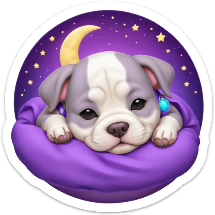 purple moon with a sleeping grey bull dog puppy with a purple collar sticker