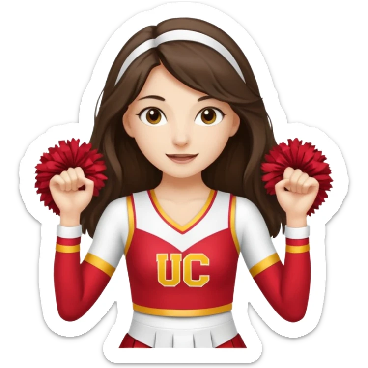 skinny white happy long haired brunette girl in a white USC cheerleader costume sticker