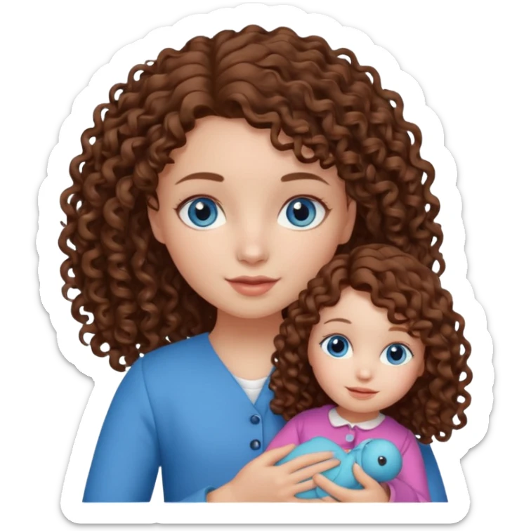 Una niña con ojos celestes y pelo rizado con piel blanca y con una muñeca  sticker
