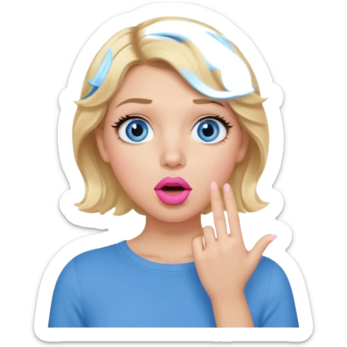 Girl Blonde short wavy hair,  blue eyes, cute blue top, long lashes, pink lips, shocked, hand over the mouth sticker
