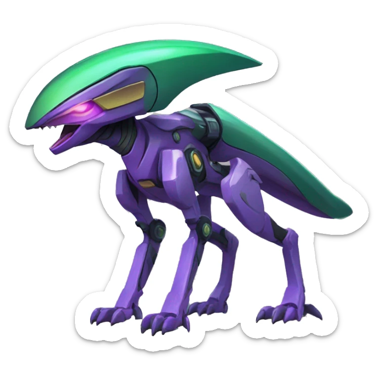 a purple-green Genesect-Raptor-Fakémon—hybrid with a futuristic visor-helmet full body sticker