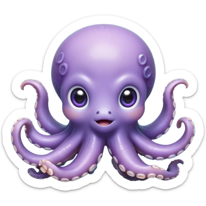 Cinematic Cute Shy Baby Octopus Portrait Emoji, Tentacles tucked slightly inward in an adorably bashful pose, featuring a softly glowing, round light blue-purple body with enormous, soulful eyes peering out timidly, Simplified yet irresistibly adorable features, highly detailed, glowing with a delicate, soothing marine radiance, high shine, quiet yet expressive, stylized with an air of gentle mystery, soft glowing outline, capturing the essence of a tiny, shy deep-sea creature that seems as if it could slowly peek out and explore the world with cautious curiosity! sticker