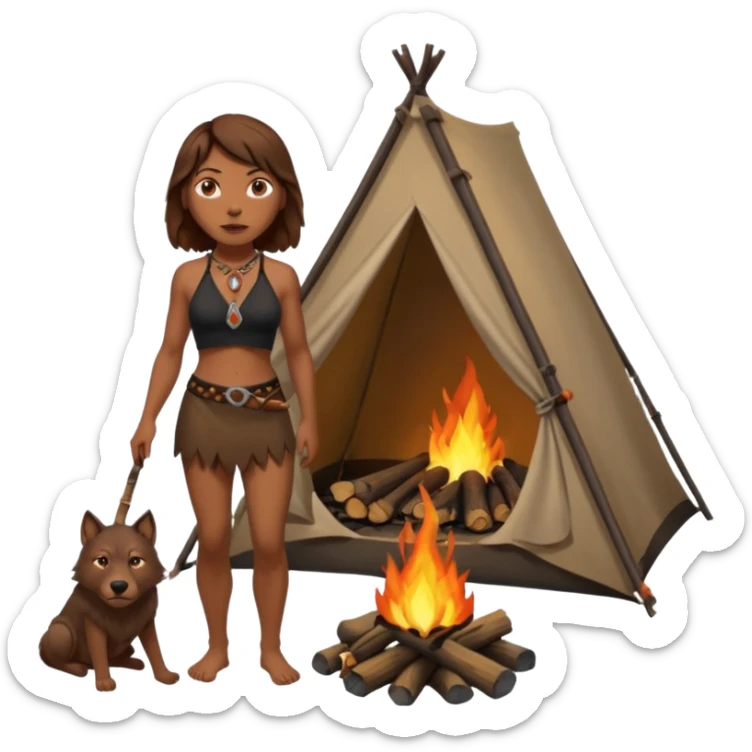 a NEANDERTHAL WOMAN WITH BROWN HAIR STANDING BY A FIRE AND TENT WITH BLACK WOLF HALTER TOP sticker