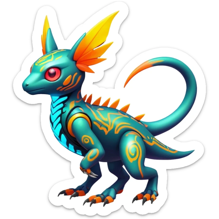 Tropical futuristic lush warm-colored modern colorful neon-colored cyber-Fakémon-Digimon-Trico-creature sticker