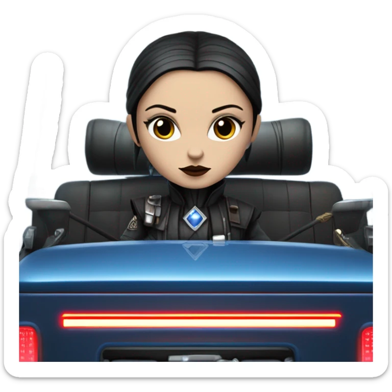 Jedi bounty hunter Wednesday Addams racing sitting in a modern blue,red and pewter steampunk electric luxury sticker