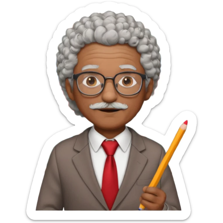 old man teacher, brown skin, curly grey white hai, wearing glasses, brown suit, red tie hold chalk on hand sticker