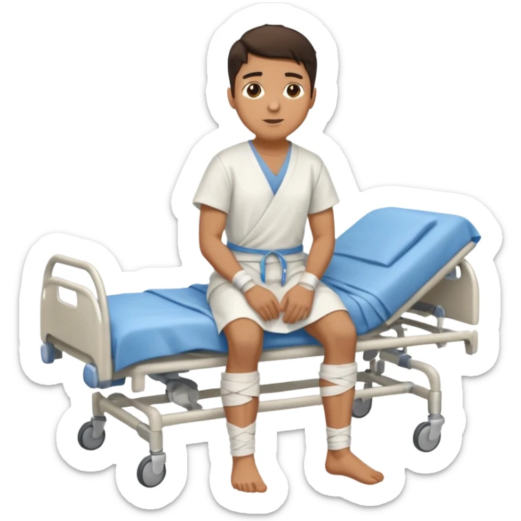 A young hispanic guy with a broken leg in the hospital. The broken leg is bandaged to indicate that it is broken. sticker