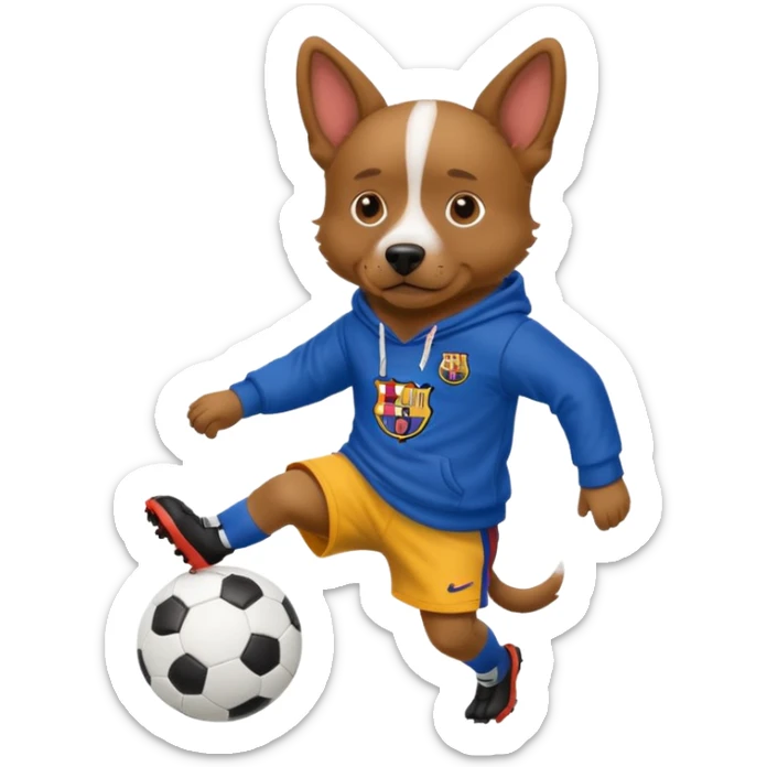 Dog wearing a hoodie witha barca jersey kicking a soccer ball sticker