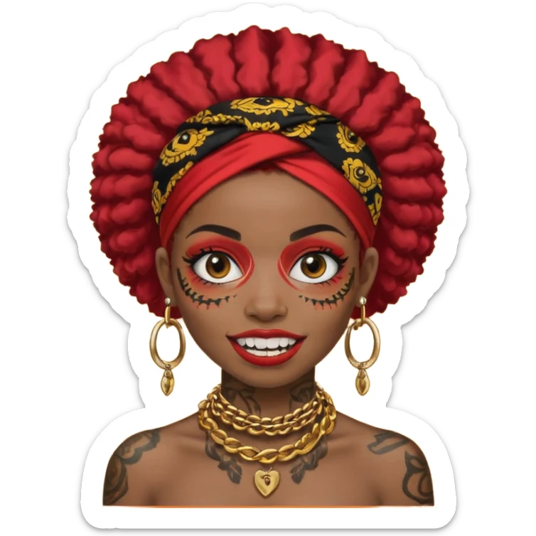 afro black hair with red head bandana and lots of face tattoo black skin girl sticker
