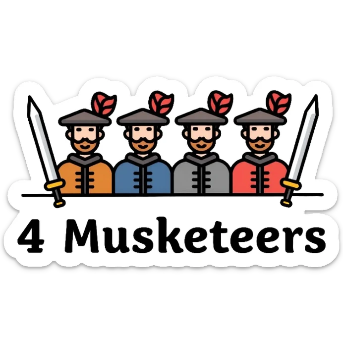 Four musketeers with feathered hats and swords with the text "4 Musketeers" sticker
