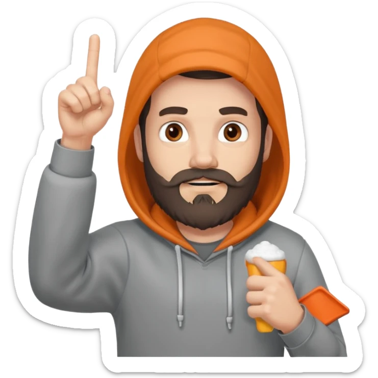 A bearded man in a hoodie, raising his foam finger with playful energy. sticker