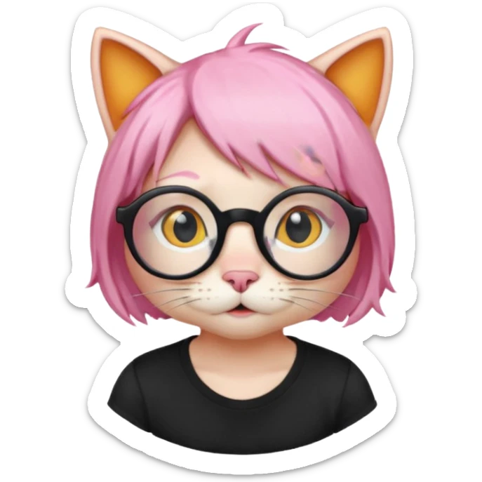 Orange Yellow cat wearing a little pink hair wig, black circle glasses, white T-shirt sticker