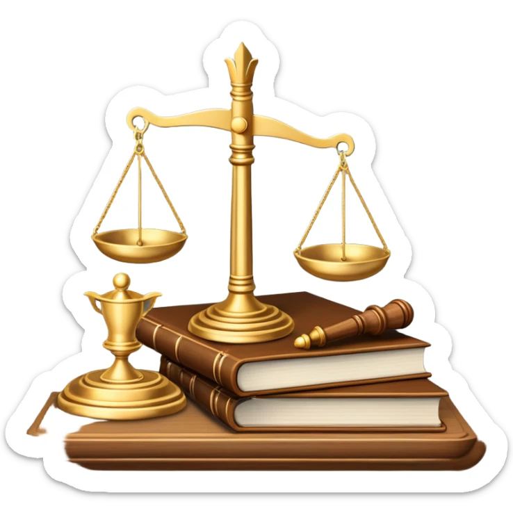 An icon featuring scales of justice, a gavel, and a legal book, symbolizing the study of law. The design includes courthouse pillars in the background, representing authority and legal systems. Transparent background highlights the principles of justice, order, and legal education. sticker