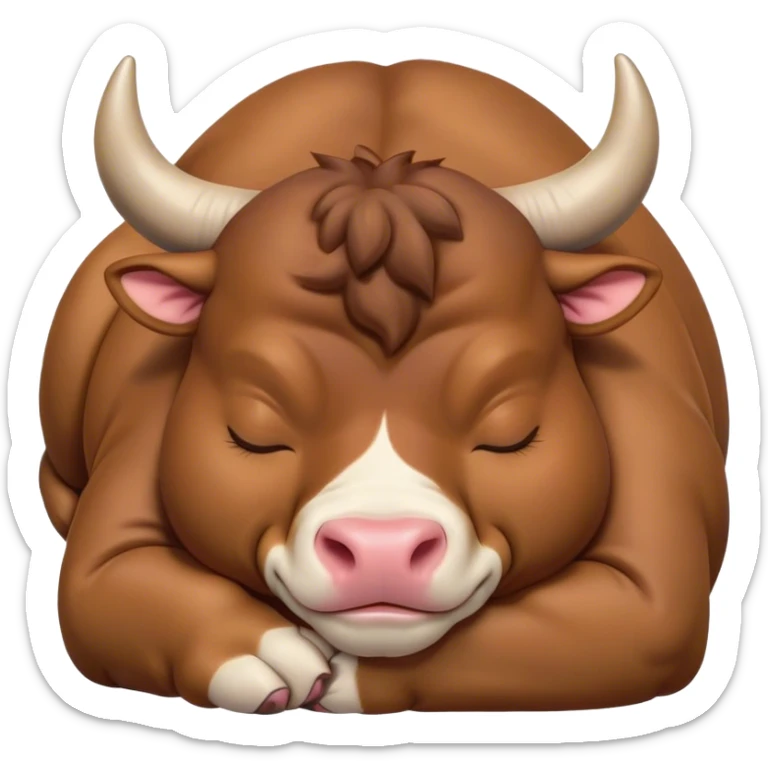 Meme-Worthy Cute Sleeping Domestic Bull Portrait Emoji, Head resting peacefully with a contented smile, showcasing a robust, muscular build and a luxuriously soft coat, eyes gently closed in serene, restful slumber, Simplified yet hilariously adorable features, highly detailed, glowing with a soft, drowsy natural light, high shine, relaxed and utterly lovable, stylized with an air of playful laziness, soft glowing outline, capturing the essence of a sleeping domestic bull that feels destined to become the next viral sensation of adorable rest! sticker