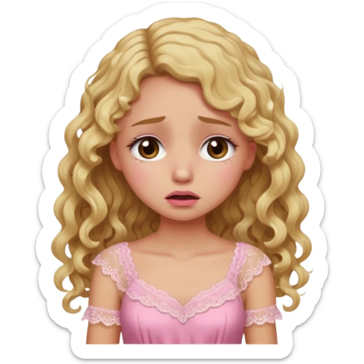 the girl is that criying with tears she has brown eyes and blond long hair curly pink dress  sticker