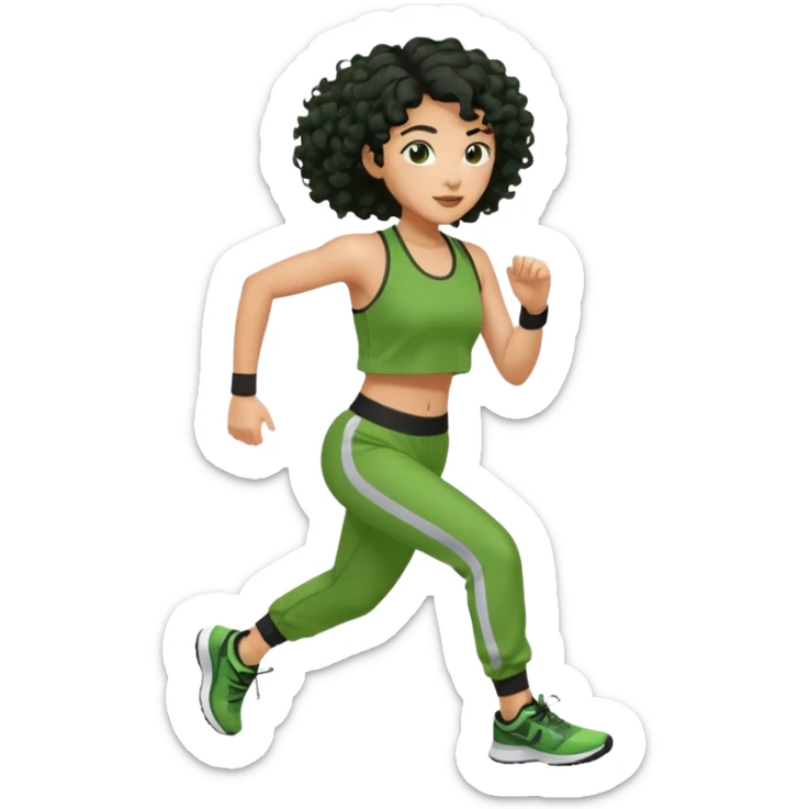 a woman with olive skin tone and curly black hair wearing green and jogging sticker
