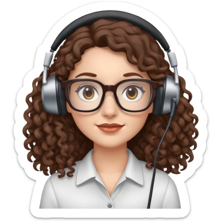 White female  Long Brown curly hair  Dark brown eyes  Square glasses  Headset  sticker