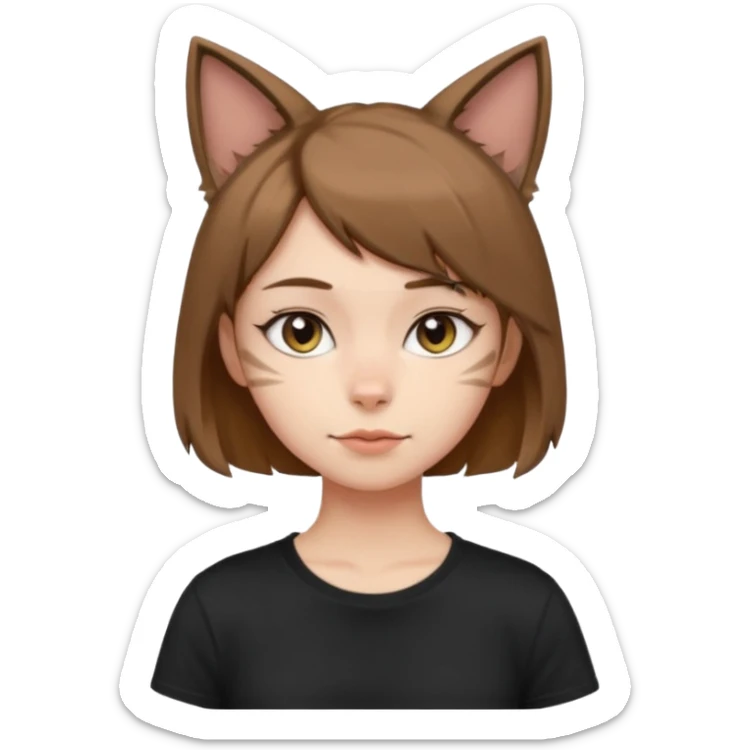 a girl with short brown wolf cut , cat ears and a tail, with a black t-shirt on sticker