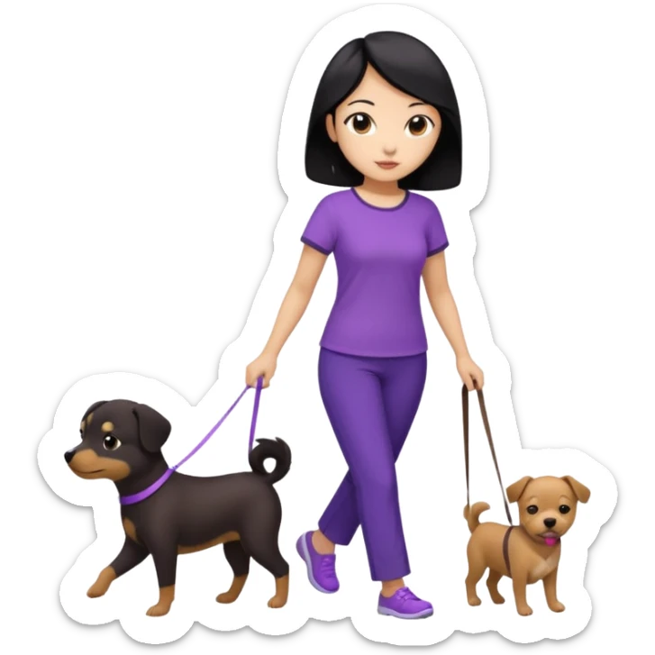 black hair Chinese woman wearing purple top and black pants walking 1 small brown dog sticker