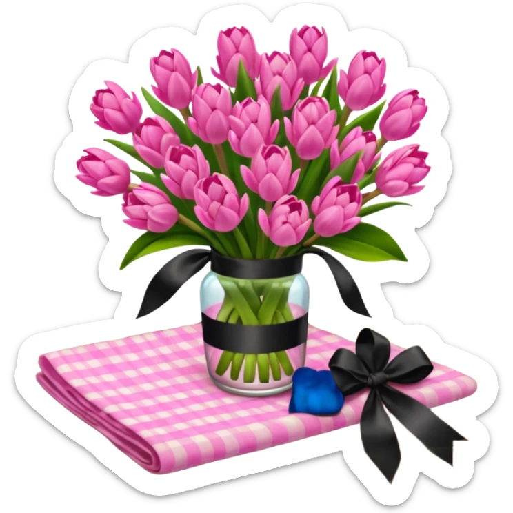 A lush bouquet of bright pink color Hyacinths black satin ribbon, resting on an antique wooden table, with a pale yellow and pink plaid pattern table cloth sticker