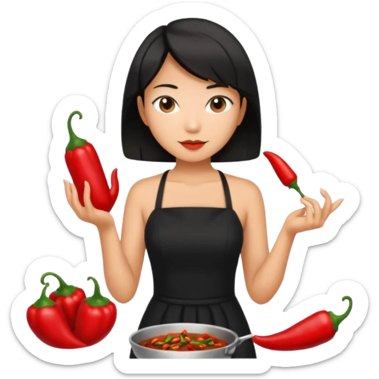 asian black short shoulder length hair tanned woman, black dress cooking, holding chili pepper sticker