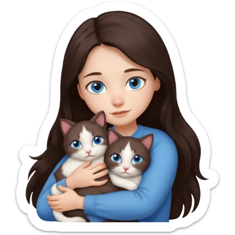 a girl with long dark 
brown hair, with blue eyes, hugs 3 different natural coloured small cats sticker