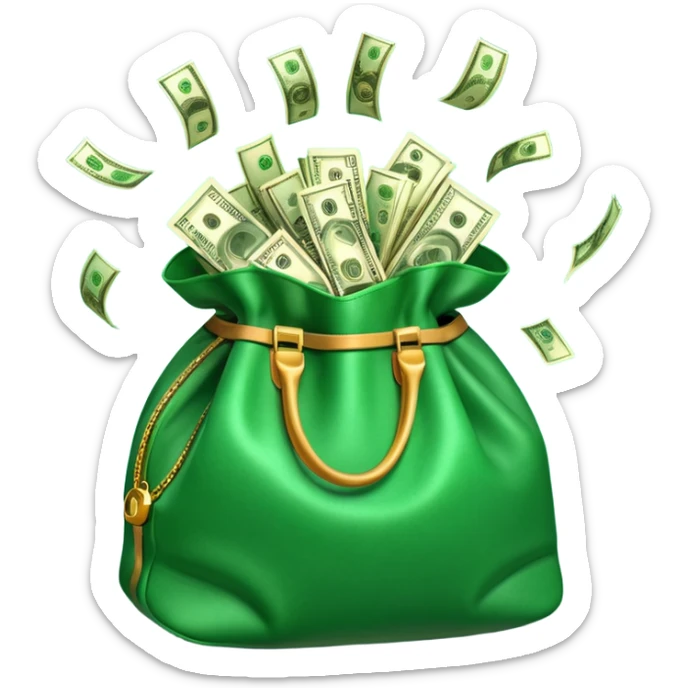 

3D emoji style, big bag of money, flying dollar bills, rich casino vibe, smooth lighting, high detail, clean edges, transparent background



 sticker